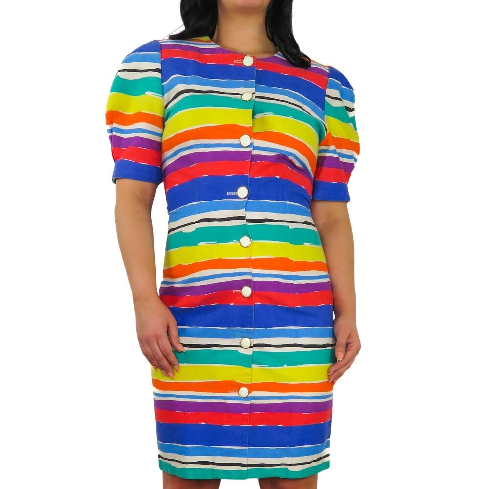 1980s Jessica Howard Vintage Rainbow Striped Dress Size Medium Button Casual